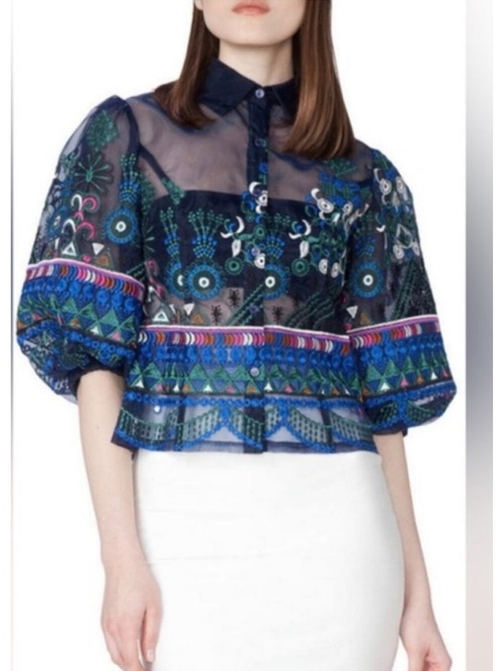 Garcia Embroidered Tulle Sheer Blouse Navy Romantic Statement‎ Size Small